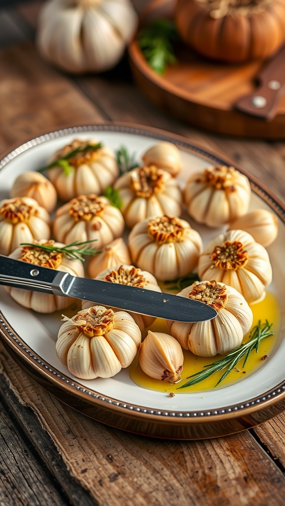 A beautiful platter of roasted garlic bulbs with caramelized cloves, garnished with herbs on a wooden table.